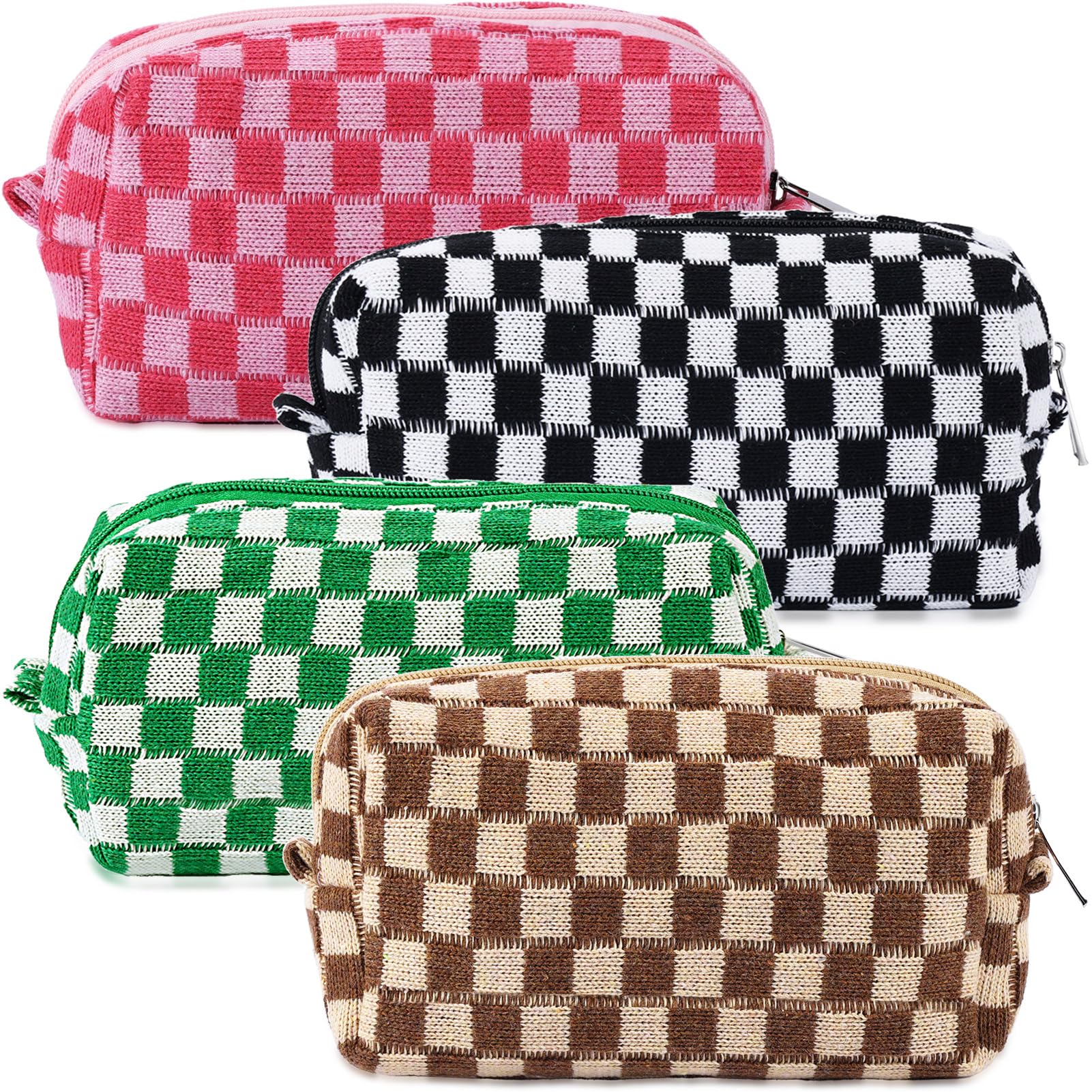 ZLFSRQ 4Pcs Checkered Pencil Case Cute Pencil Pouch for Teens Checkered Makeup Bag Medium Travel Cosmetic Bag Makeup Pouch for Purse Aesthetic Trendy Zipper Toiletry Bags(Green/Black/Pink/Brown)