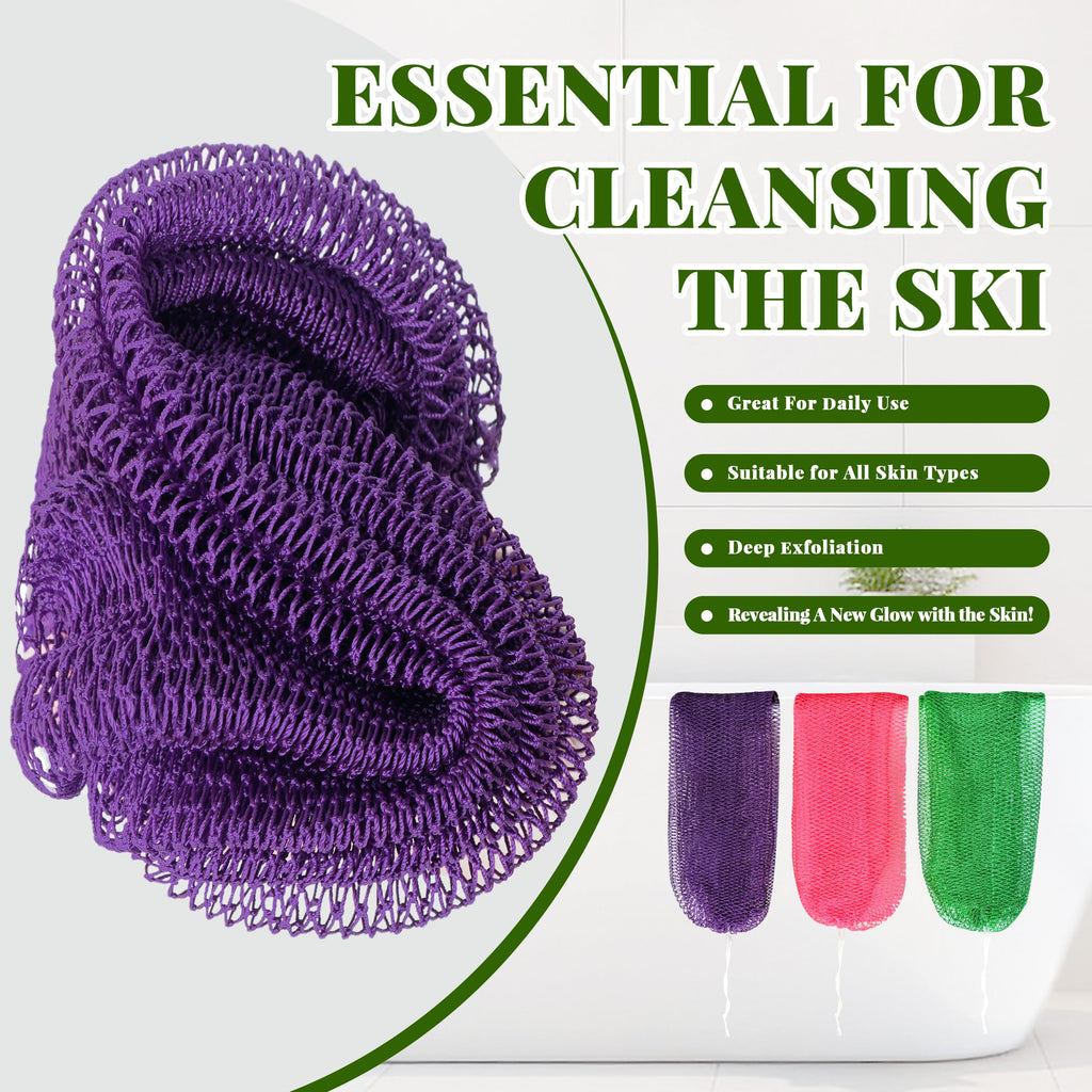 African Net Sponge Authentic, 3 Pieces Exfoliating Scrubber Bath Sponge for All Skin Types, Back Scrubber Loofah Washcloth for Shower, Gentle Exfoliation (Rose Red,Purple,Green)