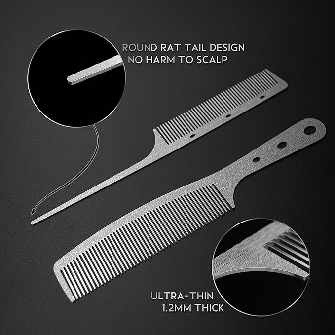 2 Pcs Stainless Steel Comb,Teasing Comb with Metal Pick, Rat Tail Combs, Metal Combs Hair Cutting for Stylist Hair Women Wood Grain Design