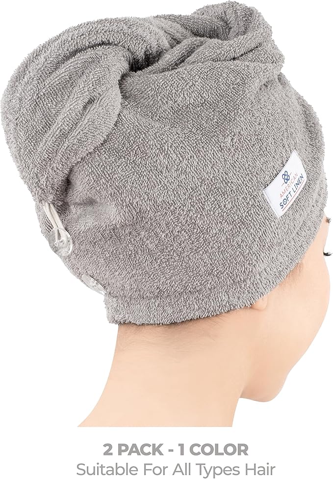 American Soft Linen 100% Cotton Hair Towels for Women, Head Towel Cap, Cotton Hair Turban Towel Wrap for Long Curly Anti Frizz Hair, Soft and Absorbent Cotton Hair Towels 2 Pack, Light Gray