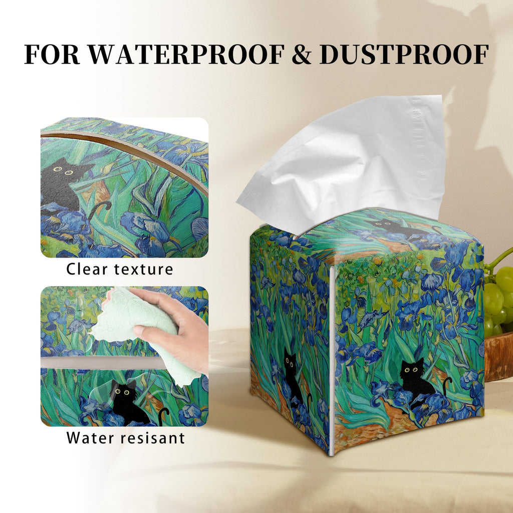 Grace Yonks Art Tissue Box Cover Square - Black Cat Among Irises Design 5.2" PU Leather Holder for Vanity, Desk, or Bathroom Counter - Cube Case for Facial Tissues. (121)