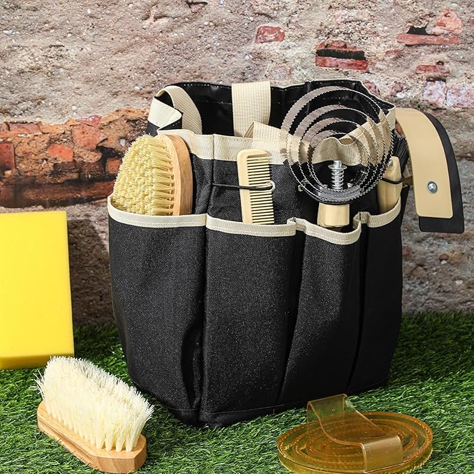 Abbylike 12 Pieces Horse Grooming Kit with Organizer Tote Bag Tack Room Supplies Horse Brush Sets Equine Care Cleaning Kit Shedding Grooming Massaging Tools (Khaki and Black)
