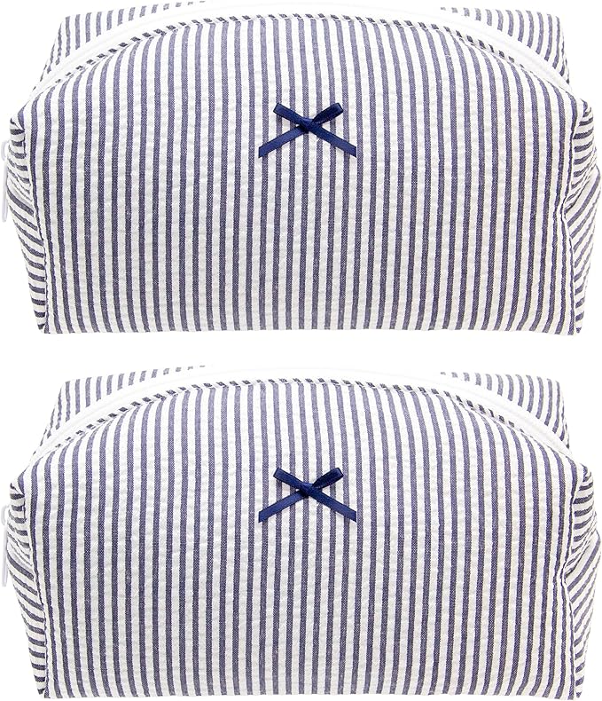 Cozy Makeup Bag for Women,Zipper Cosmetic Pouch,Stripe Navy Blue,2 Pack