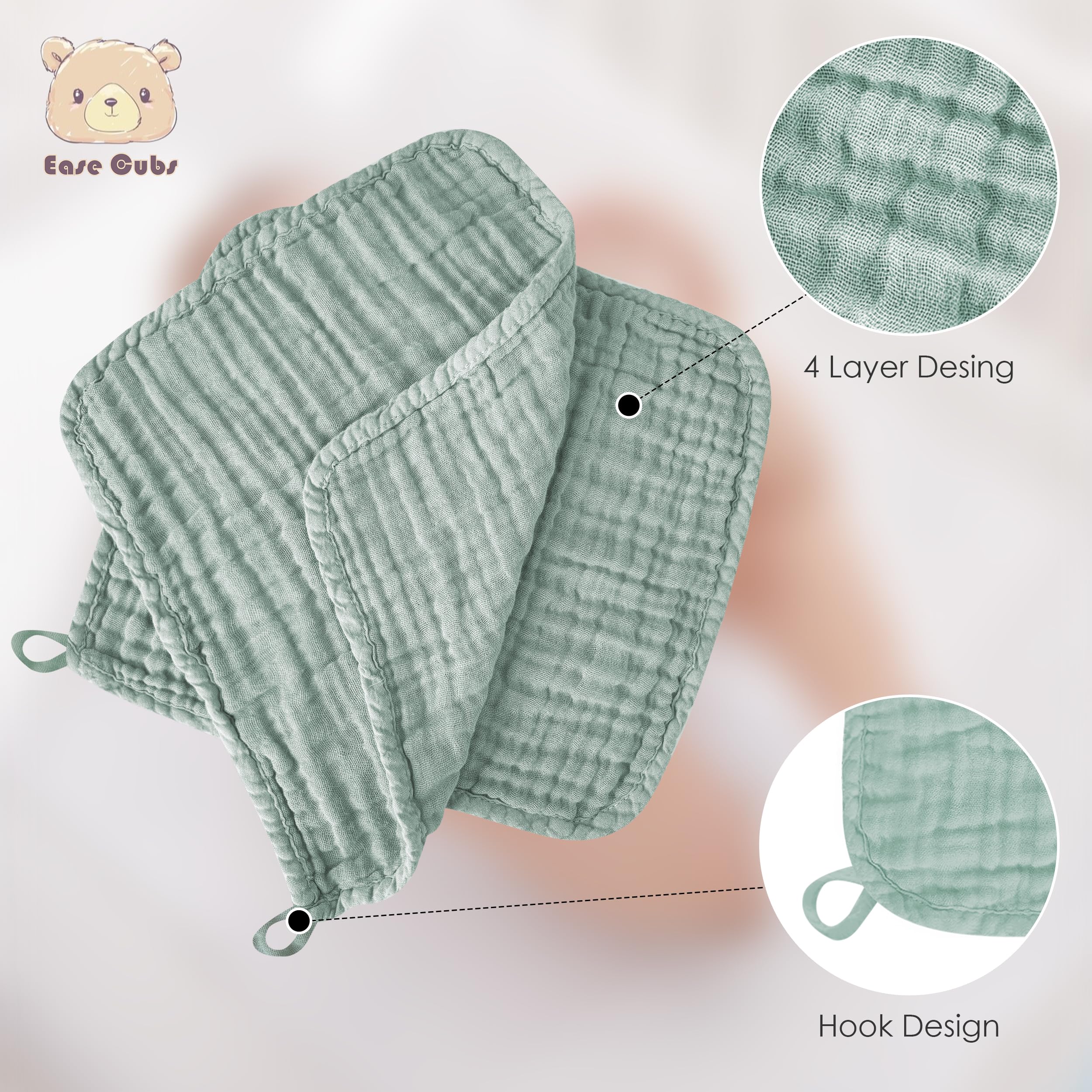 Ease Cubs 12 Pack Muslin Washcloths for Baby - 100% Cotton Baby Wash Cloths for or Baby Face Body Comfy and Soft for Newborn Infants Kids Girls and Boys - 12"x12" - Green
