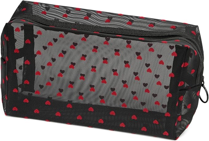 TOPASION Portable Mesh Makeup Bag with Zipper Small Travel Toiletry Bag Lightweight Cosmetic Pouch (Black Square Red Heart)