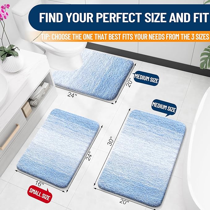 OLANLY Bathroom Rug Set 2 Piece, Soft Absorbent Microfiber Bath Mats and U-Shaped Contour Toilet Rug, Non-Slip, Machine Wash Dry, Plush Shaggy Bath Mats for Bathroom (30"x20"+24"x20", Light Blue)