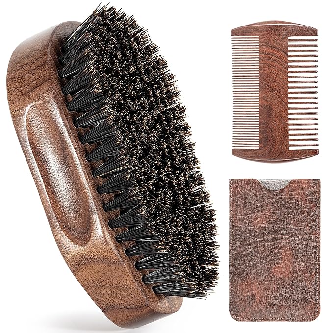 GROOMAGE 3PCS Beard Brush Comb Set for Men, Black Walnut Wood Dual Beard Comb & Case, Men's Natural Wooden Mustache Brush Kit - Medium Hardness