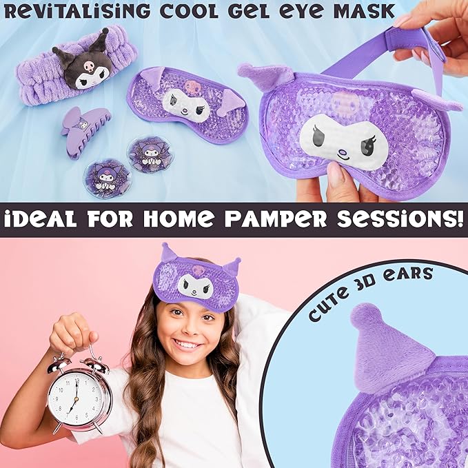 Hello Kitty Sanrio Kuromi Beauty Set for Women, Teens with Cooling Gel Eye Mask, Plush Skincare Headband, Claw Clip, Eye Pads, Kawaii Gifts for Women (Purple Kuromi)