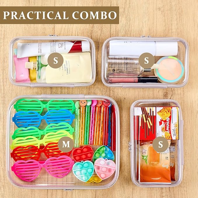 WELPIRT 4 pcs Clear Zipper Pouches,Hard Shell Zipper Case, Toiletry Bag for Travel, CLear Diaper Bag, Toiletry Pouch, Travel Organizer, Cosmetic Bag,Toy Storage Bins (M+3S) (Gray)