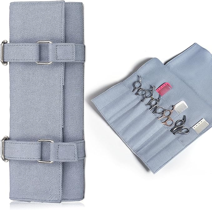 Salon Scissors Bag Roll Up, 14 Pockets PU Stylist Grooming Scissors Holder Barber Hair Scissor Shears Cases for Hairdressers (HJ-ZP012-Blue)
