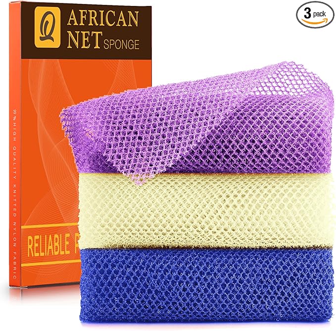 3 Piece Bright Style African exfoliating net Exfoliating Shower Set Long Bath Sponges for Smooth, Refreshed Skin, The Exterior Gleams - Ideal for Daily Use (Bright Yellow, Purple)
