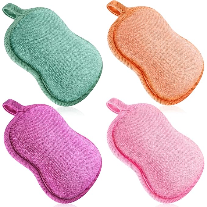 Tatuo 4 Pieces Baby Bath Sponge Toddler Bath Sponge Soft Comfy Cotton Absorbent Loofah for Kids Babies Boy Girl(Red, Purple, Green, Orange)