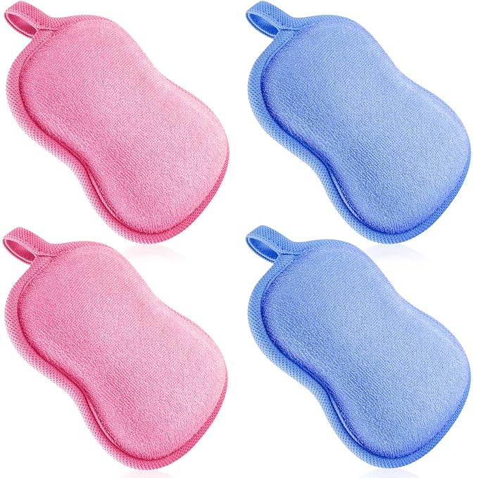 Tatuo 4 Pieces Baby Bath Sponge Toddler Bath Sponge Soft Comfy Cotton Absorbent Loofah for Kids Babies Boy Girl(Pink,Blue)