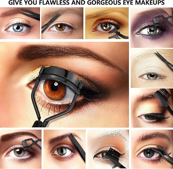 Mudder 48 Pcs Eyelash Curler Makeup Tools Set, Include Mini Eyelash Curler Kit, Eyebrow Extension Tweezers, Brush Comb and Scissors, Silicone Refill Pads, Black