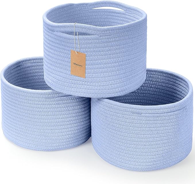 Small Rope Baskets for Storage, Baskets for Gifts Empty, Cute Round Woven Basket, Decorative Shelf Baskets 9.82×9.82×7.1", Cotton Toy Basket Storage Bins for Organizer 3 Packs-Skyblue