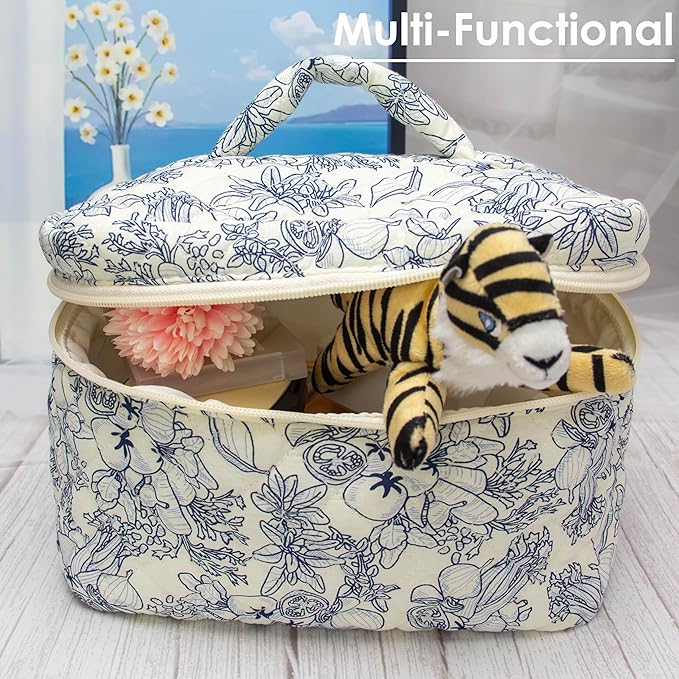 PAZIMIIK Quilted Makeup Bag Large Travel Zipper Soft Cosmetic Case for Women Girls Make Up,Jouy Blue