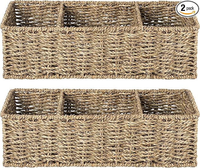 StorageWorks Wicker Toilet Basket Tank Topper, Toilet Paper Basket for Back of Toilet Tank Top, 3-Section Seagrass Storage Baskets for Shelves, 2-Pack