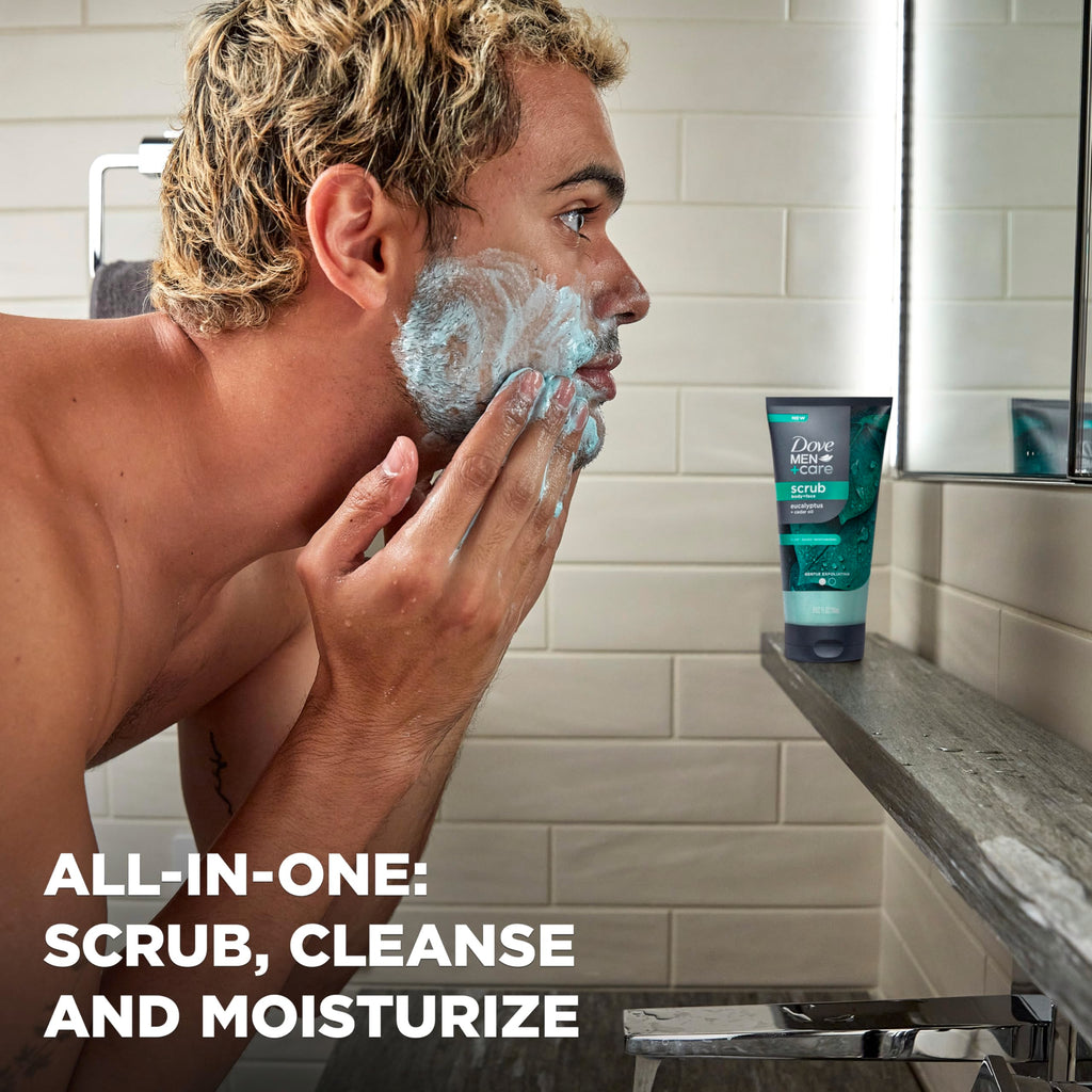 DOVE MEN + CARE Body and Face Scrub Eucalyptus Deeply Exfoliates for Hydrated & Nourished Skin 100% Gentle Cleanser, No Sulfate Cleansers or Parabens 9 oz