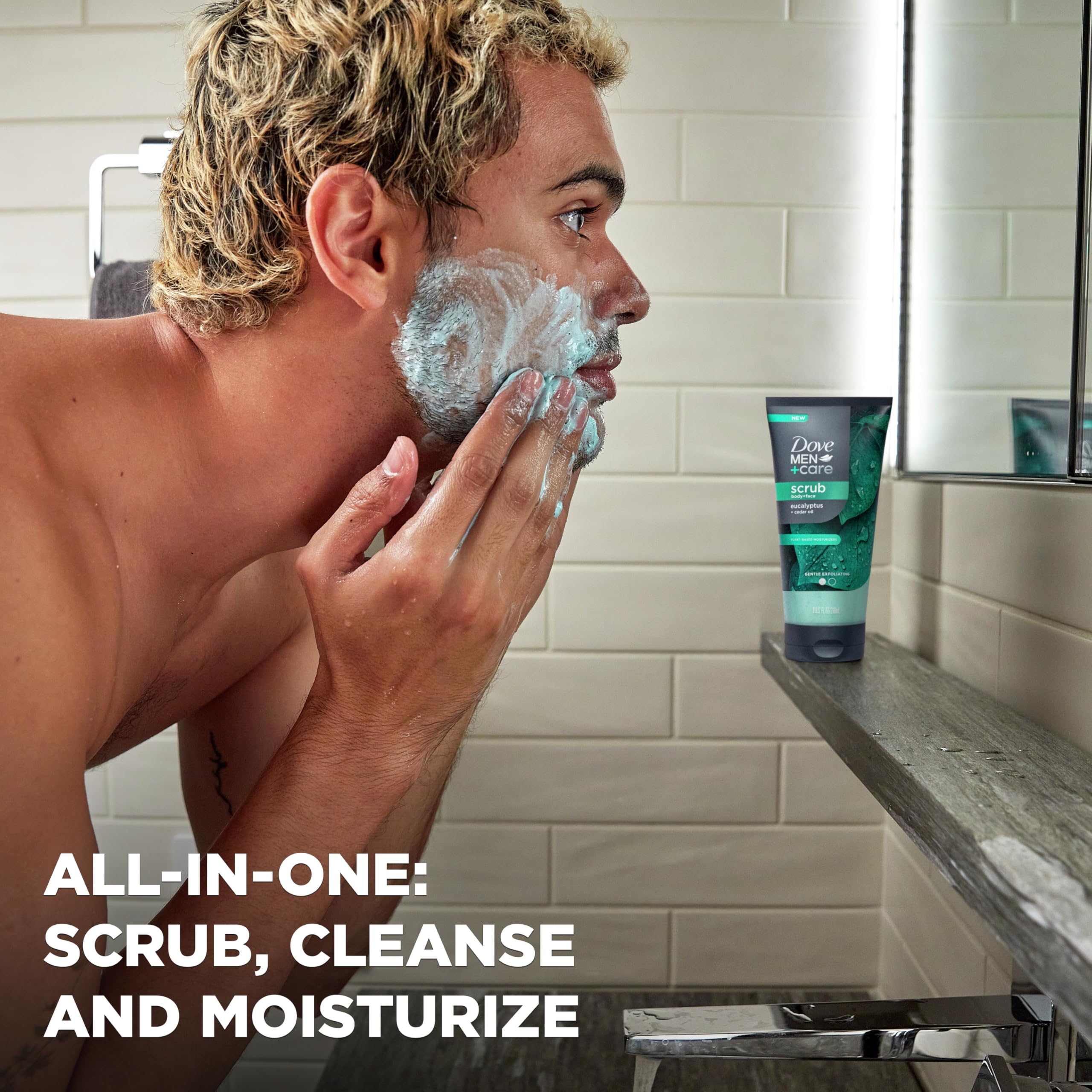DOVE MEN + CARE Body and Face Scrub Eucalyptus Deeply Exfoliates for Hydrated & Nourished Skin 100% Gentle Cleanser, No Sulfate Cleansers or Parabens 9 oz