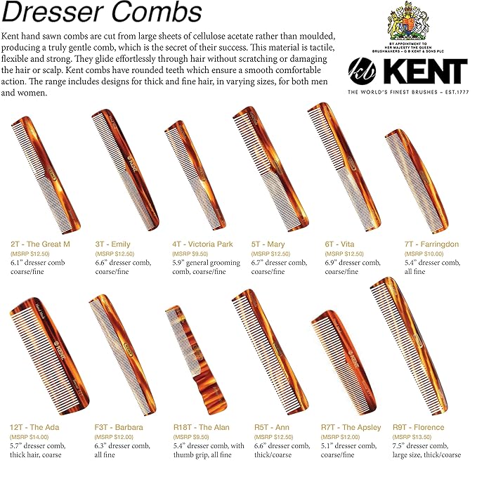 Kent 6T Fine Tooth and Wide Tooth Hair Comb, Handmade Styling Comb for Hair Care, Barber Combs, Beard Combs For Men, Styling Grooming for Men, Women and Kids