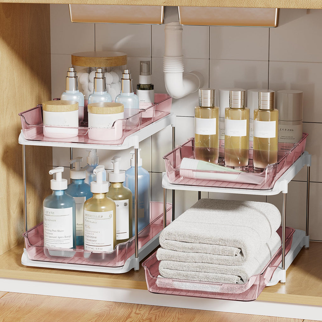 Delamu 2-Tier Multi-Purpose Bathroom Under Sink Organizers and Storage, Stackable Kitchen Pantry Organization, Pull Out Medicine Cabinet Organizer with Movable Dividers, Light Pink, 2 Pack
