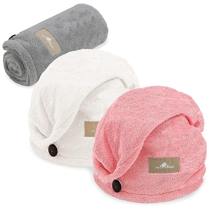 myHomeBody Hair Towel Wrap, Quick Drying Turban, Absorbent Cap – 3 Pack