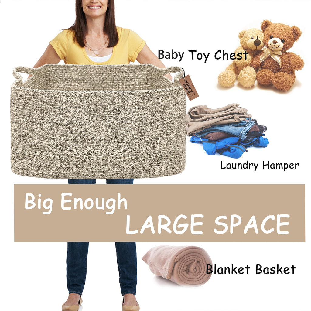 COMFY-HOMI Large Rectangular Blanket, Cotton Rope Woven for Storage, LaundryHamper, Storage,Toy Organizing Bin with Handle, Organizer and Storage-22x15x12-