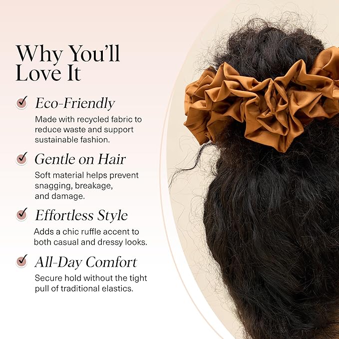 Kitsch Recycled Satin Ruffle Scrunchie – Gentle Hair Scrunchie for Women, Eco-Friendly Hair Tie No Damage, Stylish Ponytail Holder - Camel