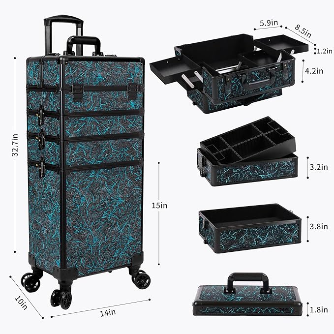 JINGUAN Profesional Rolling Makeup Train Case with Lid, 5 in 1 Cosmetology Case on Wheels, Large Cosmetic Trolley Organizer Travel for Hairstylist Artist Nail Beauty Salon Barber, Blue