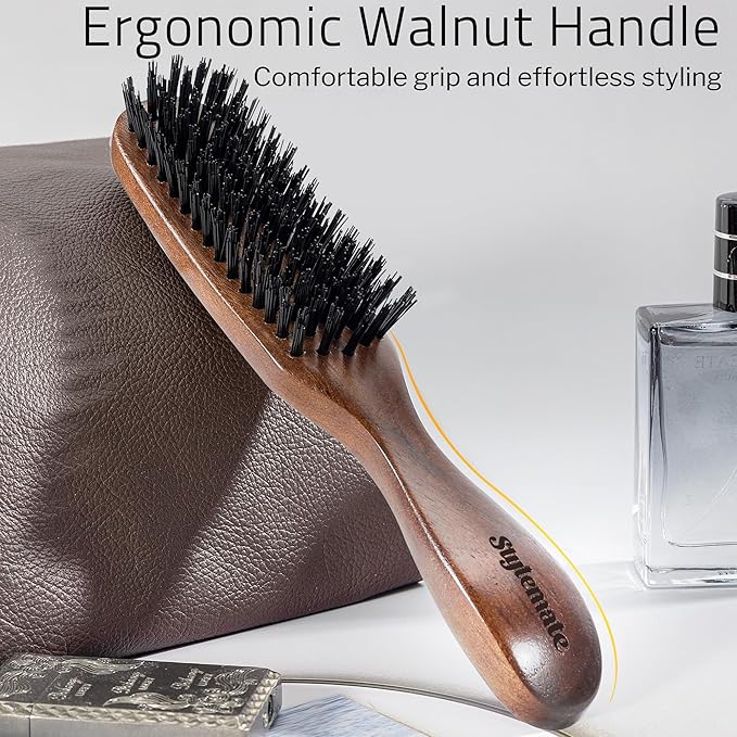 STYLEMATE Hair Brush for Men, Mens Nylon Stiff Bristles Hard Firm Hair Brush for Thick Hair, Slick Back Natural Black Walnut Wooden Handle for Smoothing, Detangling, Styling