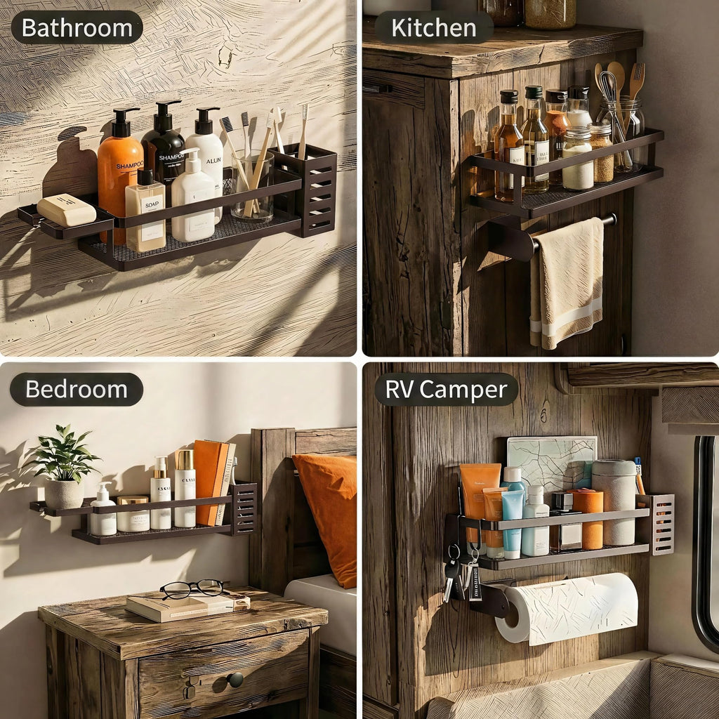 PUSDON 5-in-1 Shower Caddy & Kitchen Organizer Set, Wall Mount Wide Spice Rack with Paper Towel Holder, Utensil Holder, Soap Dish, Rustproof Mesh Baskets Hold 50LBS - Vintage Bronze, Guardrail