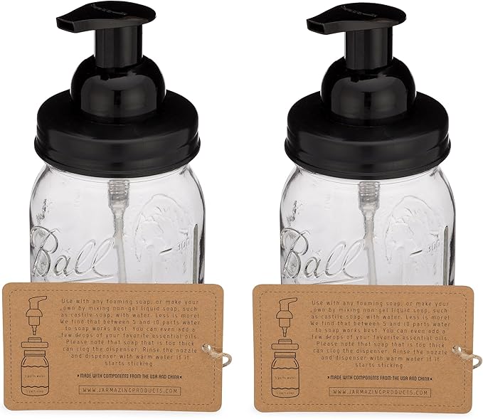 Jarmazing Products Mason Jar Foaming Soap Dispenser - Black - with 16 Ounce Ball Mason Jar - Two Pack!