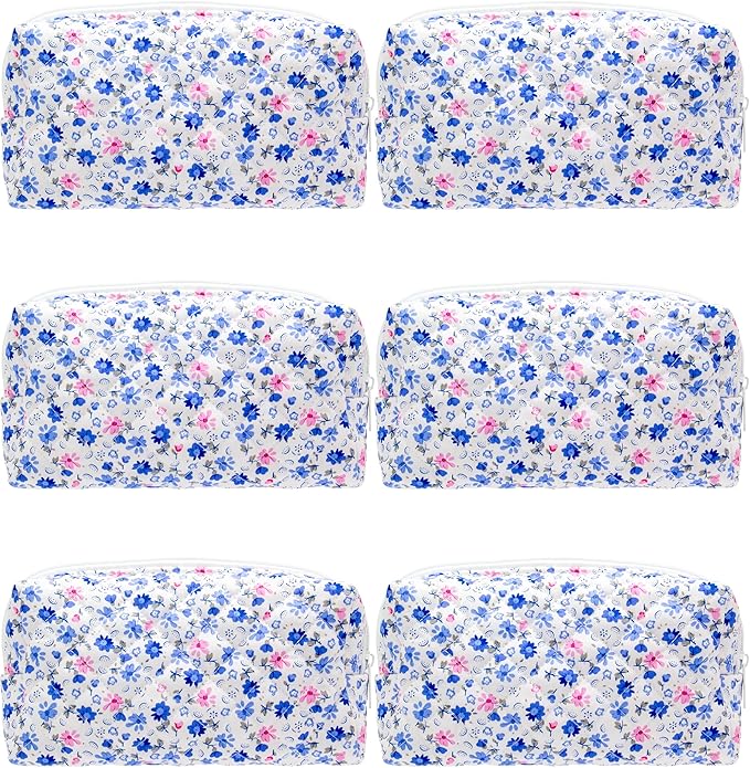 PAZIMIIK Small Quilted Makeup Bag,Zipper Cosmetic Pouch,Floral Blue,6 Pack