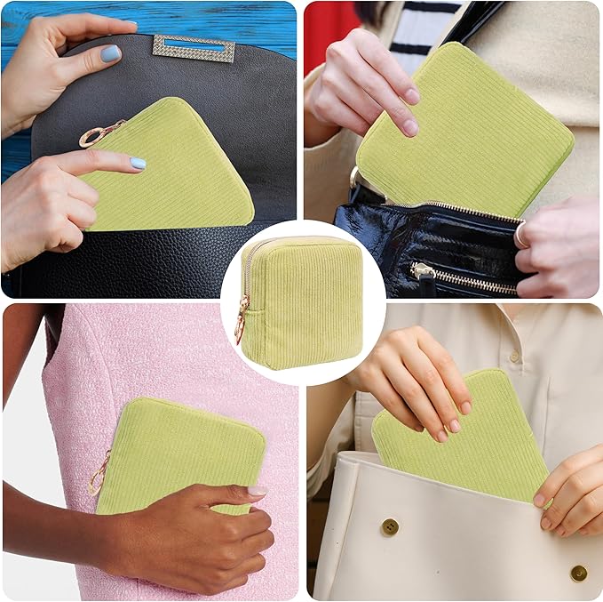 Period Bag for Girls, Corduroy Sanitary Napkin Storage Bag, Period Pouch & Tampon Holder, Feminine Care Organizer（Green）
