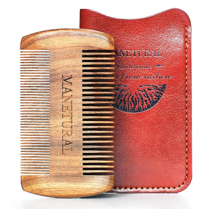 MANETURAL Premium Sandalwood Dual-Action Comb - Double-Tooth Design for Men's Fine & Wide Hair, Mustache Comb, Protective PU Leather Case