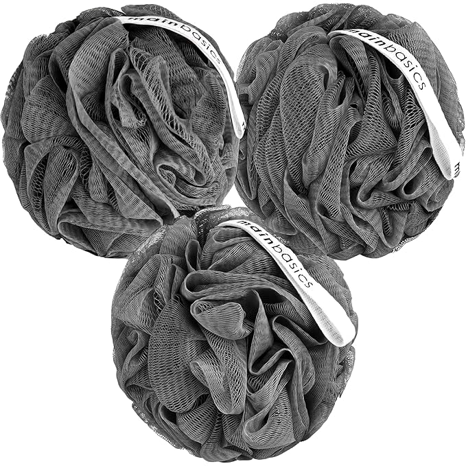 MainBasics Shower Loofah Sponge Pouf, Set of 3, Charcoal Infused
