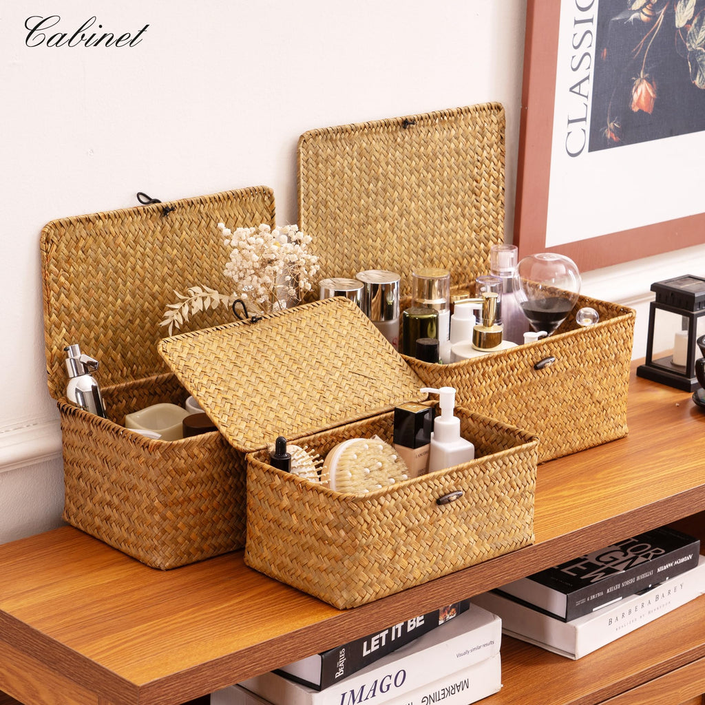 Nonam Storage Basket with Lid, Natural Seagrass Bin with Lid Set of 3, Shelf Baskets Multipurpose Container for Boho Decoration, Rectangular Household Storage Boxes for Home Organization-Natural