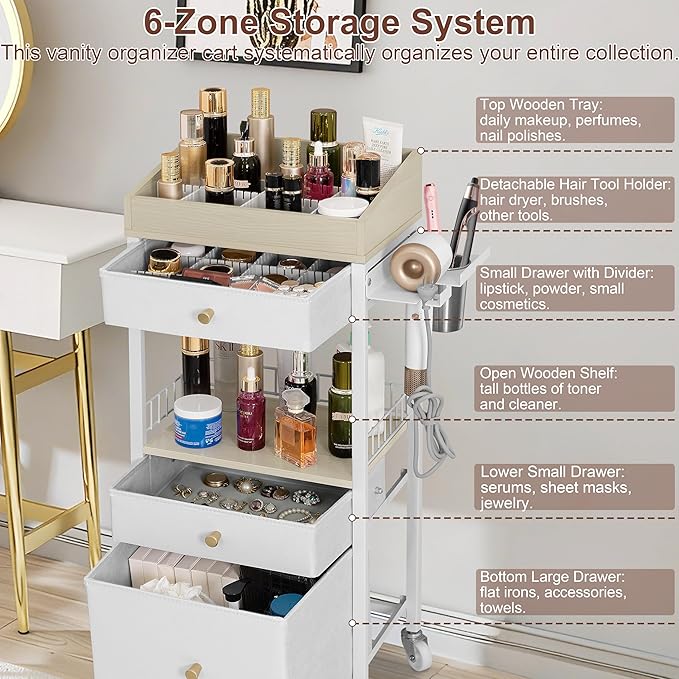 NauwaBarn Makeup Organizer Cart with 3 Drawers, Large Cosmetic Organizer with Detachable Hair Tool Holder, Makeup Cabinet Cosmetic Display Cases for Skin Care Perfume Nail Polish, White & Natural