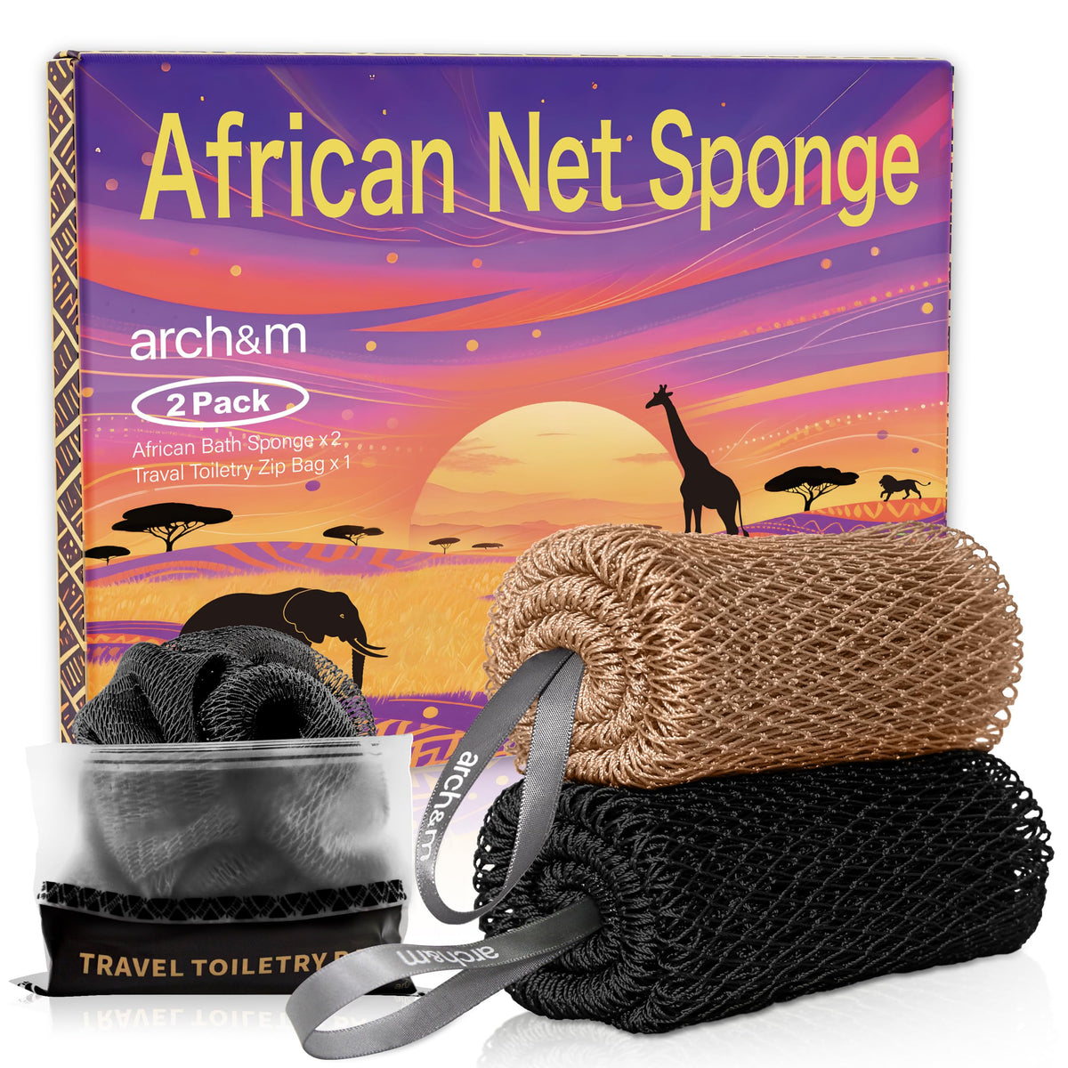 ARCH&M African Net Sponge Authentic with Knots, 2 Pack 53" Extra-Long