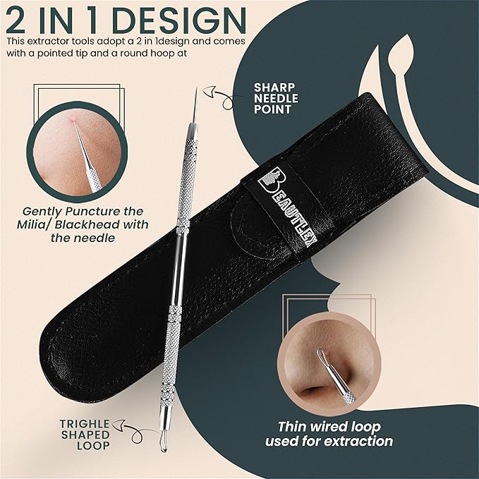 Blackhead Remover Tool and Comedone Extractor Tool. Double Ended Loop & Sharp Pimple Extractor. Stainless Steel Professional Blemish Extractor Tool for Acne