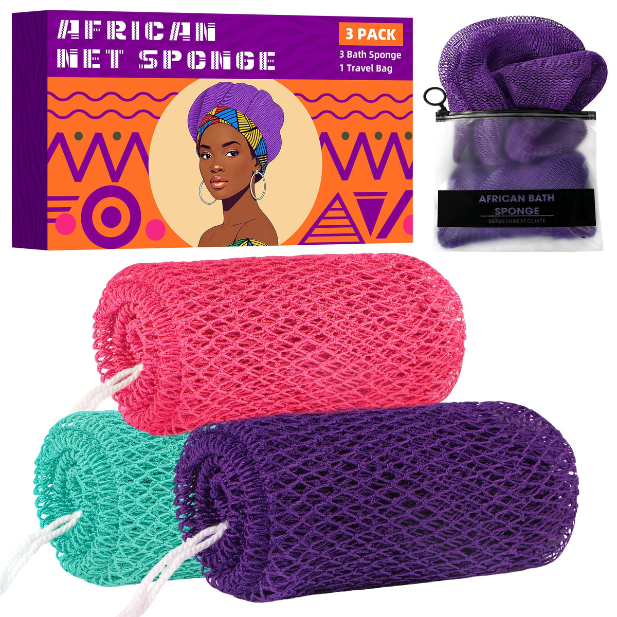 African Net Sponge 3 Pack with Travel Bag (Purple/Pink/Green)