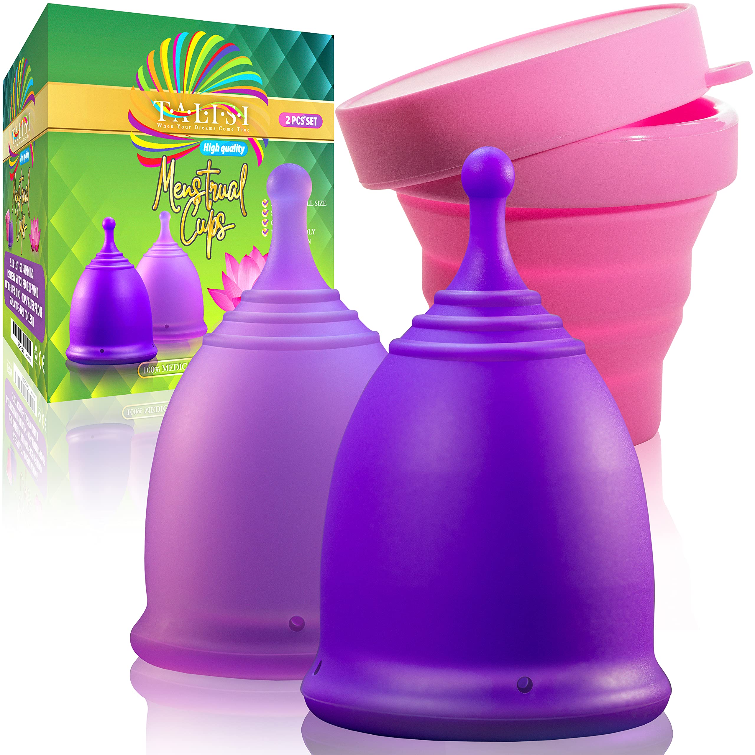 Talisi Reusable Menstrual Cup (Small & Large) Set of 2 with Foldable Silicone Sterilizer, Copa Menstruelle, Soft Period Cup, Heavy & Light Flow, Feminine Hygiene, Tampons, Pads & Disc Alternative