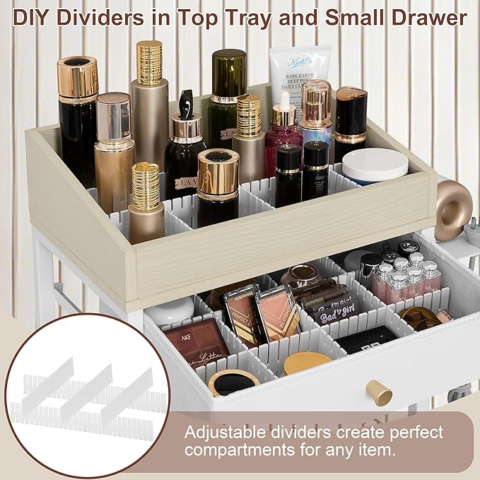 NauwaBarn Makeup Organizer Cart with 3 Drawers, Large Cosmetic Organizer with Detachable Hair Tool Holder, Makeup Cabinet Cosmetic Display Cases for Skin Care Perfume Nail Polish, White & Natural