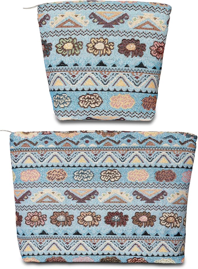 BOCGRPU 2 PCS Bohemian Makeup Bag Small Cute Cosmetic Bags for Women，Floral Travel Toiletry Bag for Purse, Large Canvas Cosmetic Pouch Makeup Organizer Tool Pouch with Zipper（Bohemian Blue）