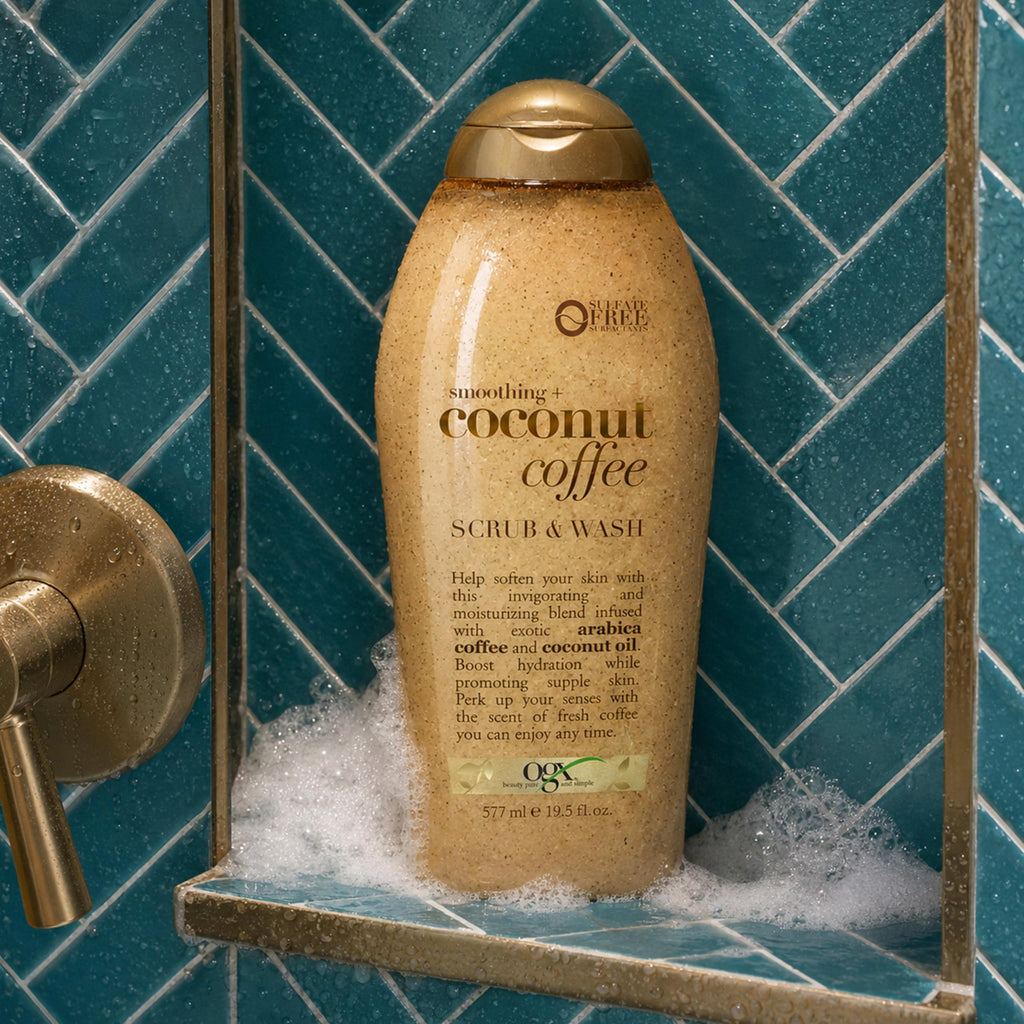 OGX Smoothing + Coconut Coffee Exfoliating Daily Body Scrub with Arabica Coffee & Coconut Oil, Hydrating & Moisturizing Body Wash for Dry Skin, Paraben-Free with Sulfate-Free Surfactants, 19.5 Fl Oz