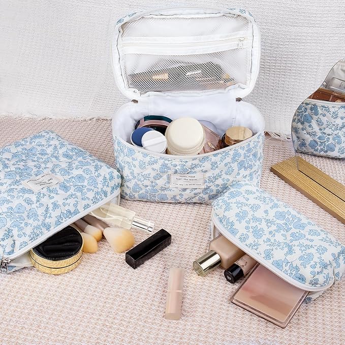 Gosect 3PC Makeup Bag Set, Quilted Makeup Bag Set, Large Floral Cosmetic Bag for Women, Cute Cotton Makeup Bags, Flower Travel Toiletry Organizer Bag (White Pink Bow Tie)