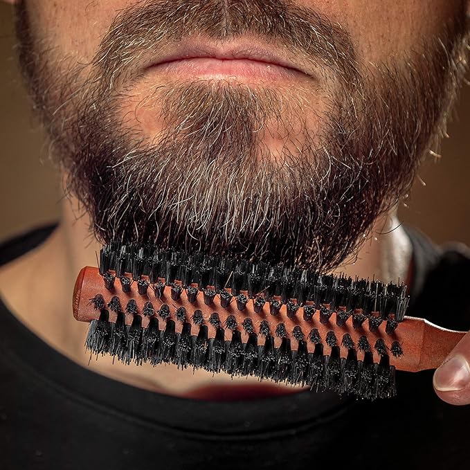 ZilberHaar - Styler Hair and Beard Round Brush - 1.3 Inch Stiff Boar Bristles and 8.5 Inch Pearwood Handle - 222 Plugs of Bristles - Beard Grooming Brush for Men