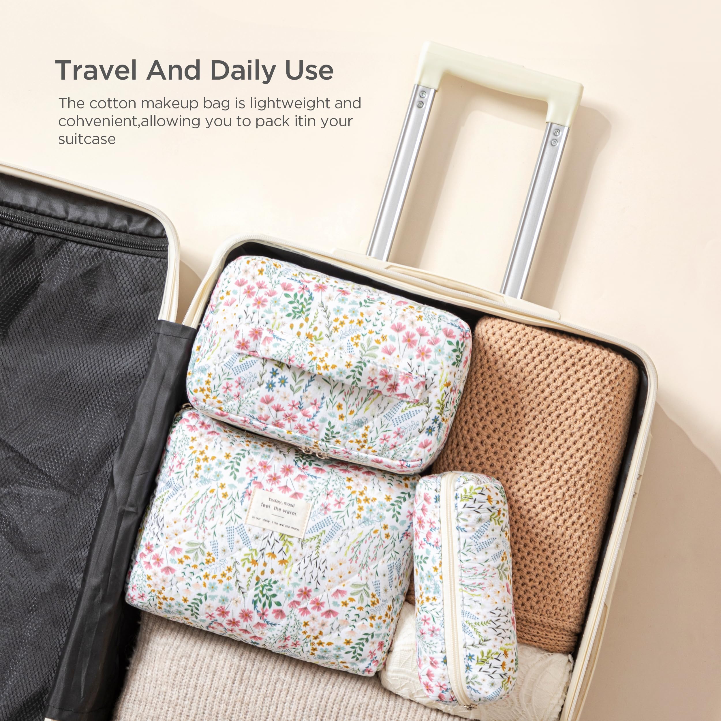 HBselect Quilted Makeup Bag, 3Pcs Cotton Large Travel Makeup Bags Organizer