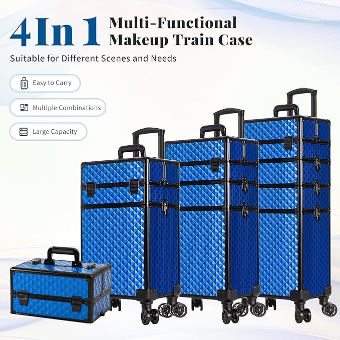 AROUS Rolling Train Makeup Case Cosmetology Case on Wheels, Blue