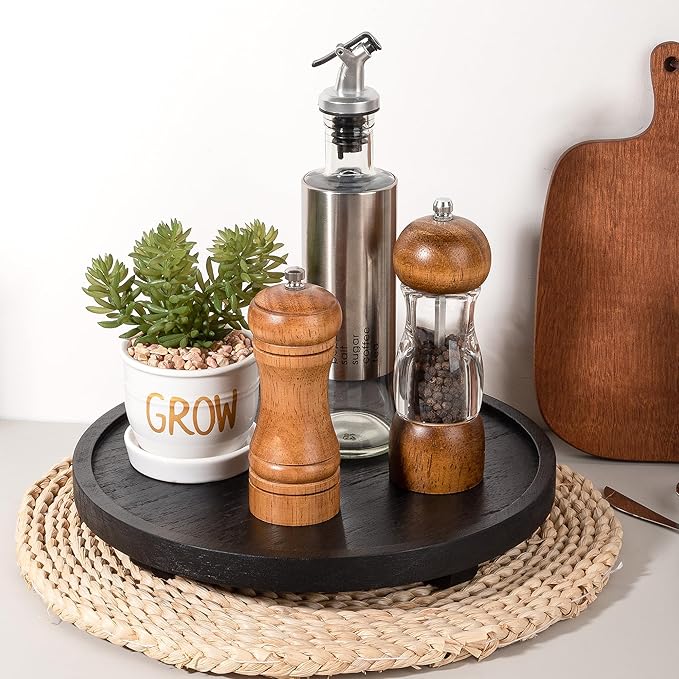 Round Decorative Tray Wood Bathroom Counter Organizer Farmhouse Kitchen Decor Wooden Riser for Soap Dish, Perfume, Candle, Sponge, 11" - Black